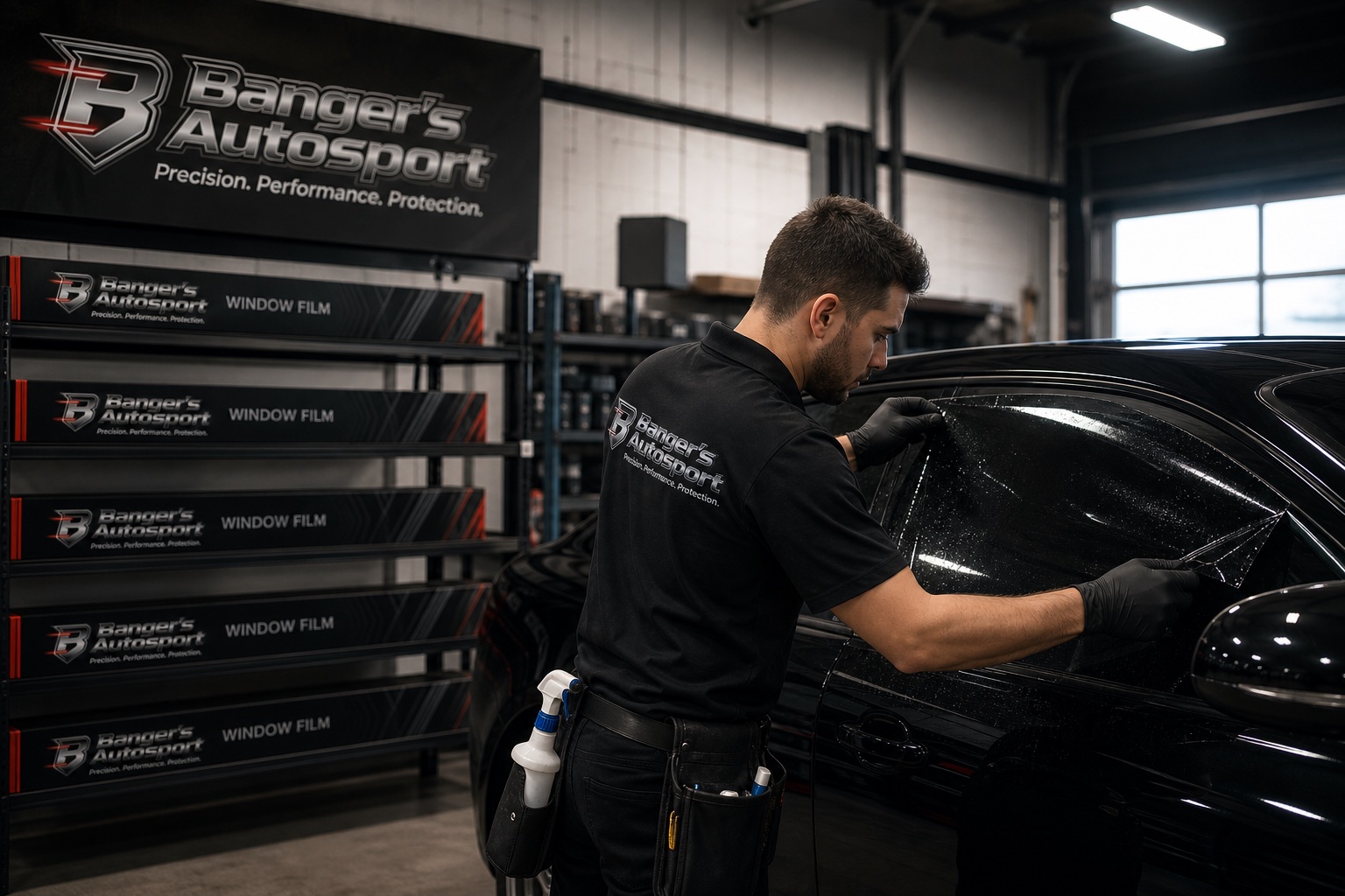 Bangers Auto Sport automotive window tint installation on a black vehicle