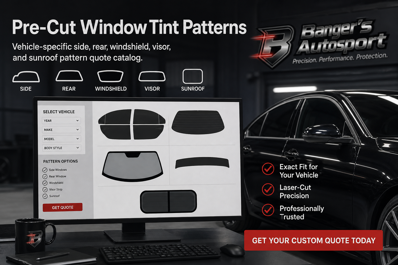 Bangers Auto Sport pre-cut window tint patterns cover with vehicle-specific side, rear, windshield, visor, and sunroof options