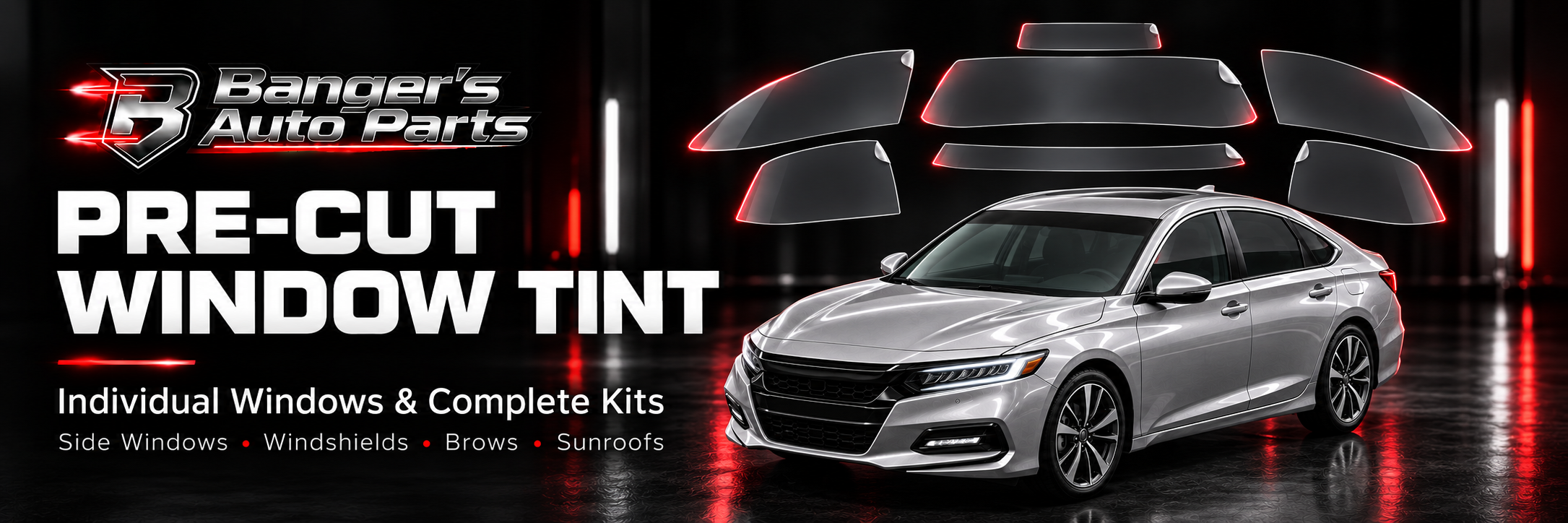 Bangers Auto Sport pre-cut window tint for individual windows and complete vehicle-specific kits