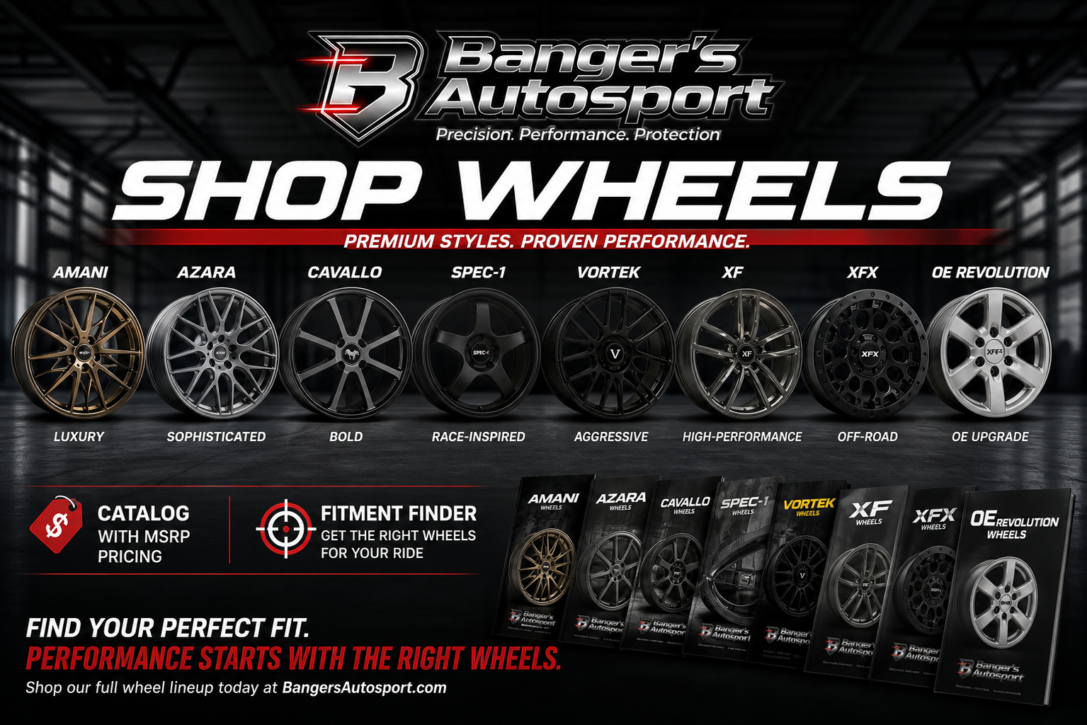 Bangers Auto Sport shop wheels cover with Amani, Azara, Cavallo, Spec-1, Vortek, XF, XFX, and OE Revolution wheels