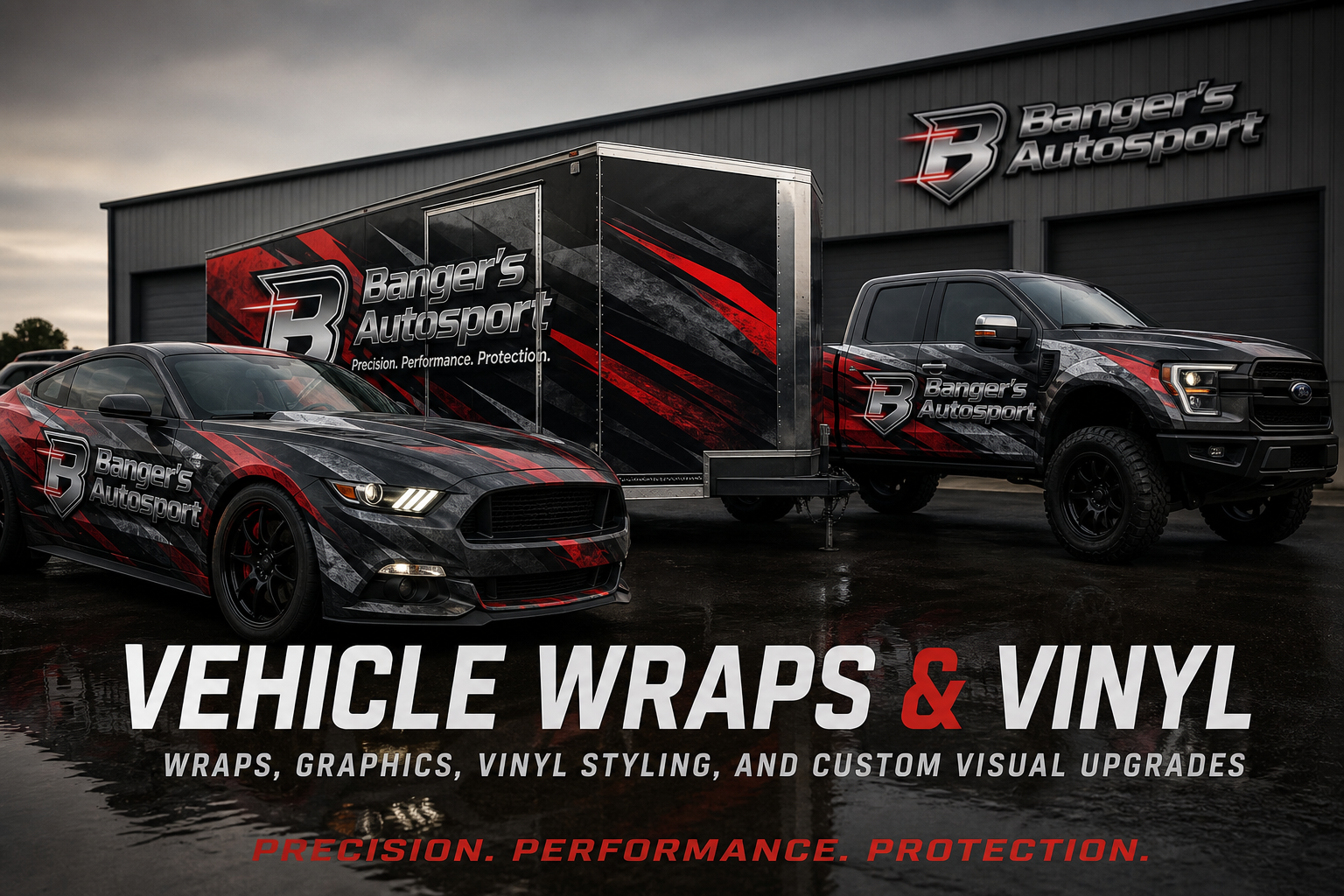 Bangers Auto Sport vehicle wraps and vinyl cover with wrapped car, branded trailer, wrapped truck, and shop exterior